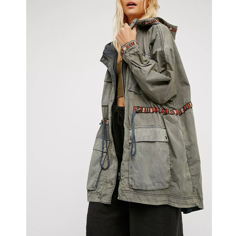 Free People Poplin Dolman Parka Jacket Green Gray Boho Utility Embroidered XS/S - Picture 5 of 14
